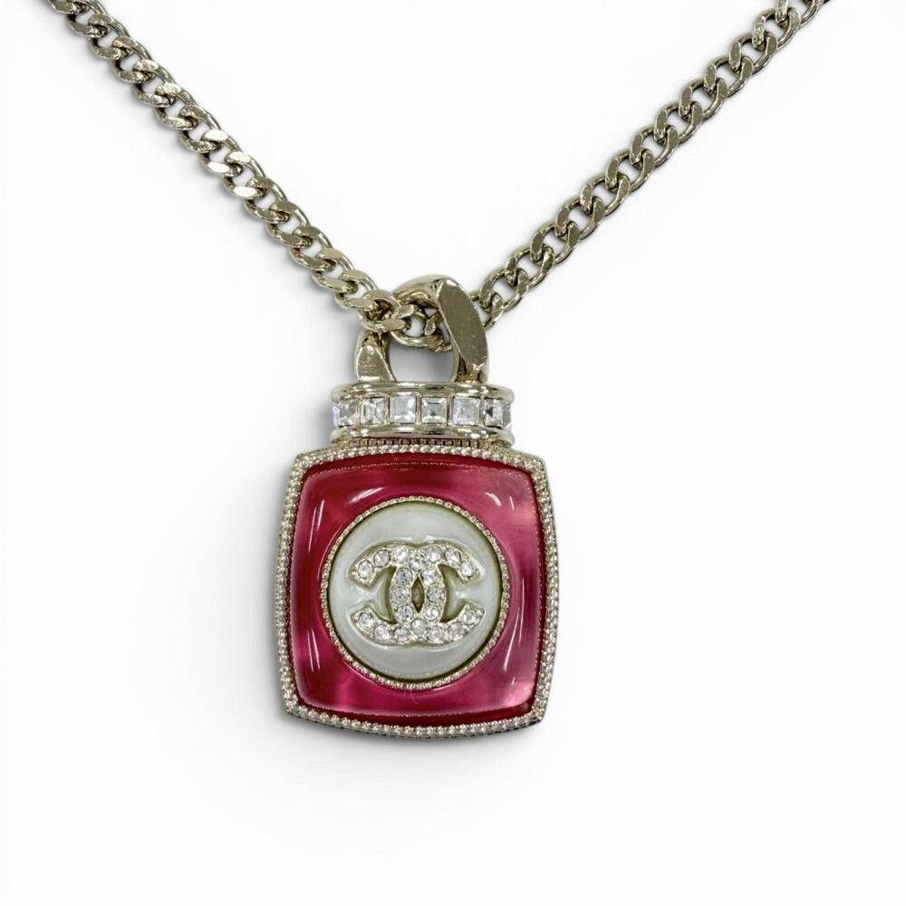 CHANEL A22C Coco Mark Rhinestone Perfume Motif Pendant Necklace, Gold and Pin...